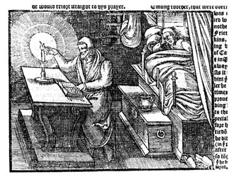 Hugh Latimer (c.1485-1555) segurando seu dedo em uma chama de vela, de atos e monumentos por John Foxe (1516-87) 1563